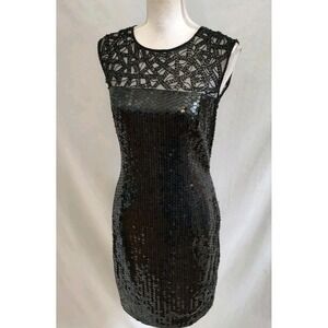 Vintage 90's Cache Dress Sequin & Beaded Deco 20's Style Sheath Black Sexy Sz 10